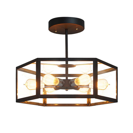 Antiqued Hexagon Semi Flush Light Fixture 6 Lights Clear Glass Close to Ceiling Lamp in Black Clearhalo 'Ceiling Lights' 'Close To Ceiling Lights' 'Close to ceiling' 'Semi-flushmount' Lighting' 782036