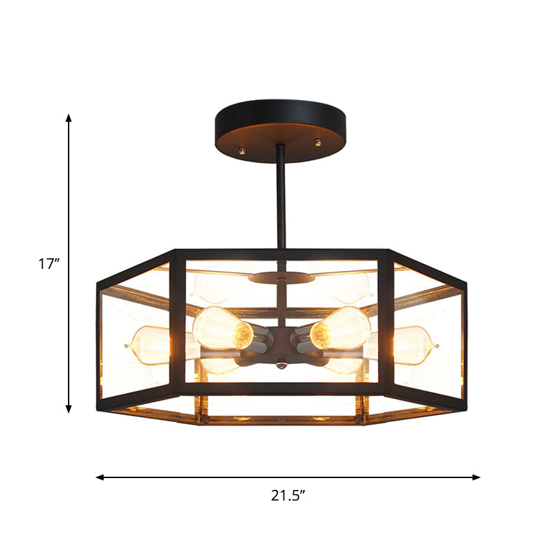 Antiqued Hexagon Semi Flush Light Fixture 6 Lights Clear Glass Close to Ceiling Lamp in Black Clearhalo 'Ceiling Lights' 'Close To Ceiling Lights' 'Close to ceiling' 'Semi-flushmount' Lighting' 782037