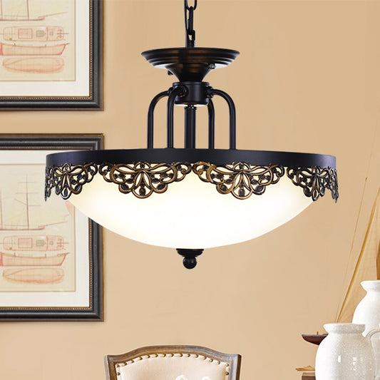 2 Bulbs Dome Hanging Chandelier Countryside Black Finish Opal Glass Pendant Light Fixture Clearhalo 'Ceiling Lights' 'Chandeliers' Lighting' options 782067
