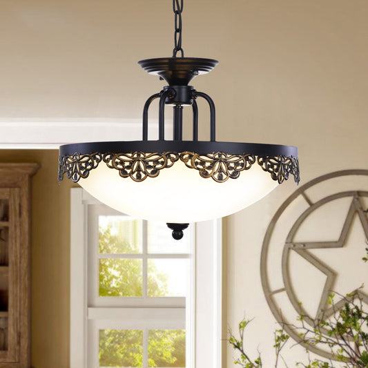 2 Bulbs Dome Hanging Chandelier Countryside Black Finish Opal Glass Pendant Light Fixture Clearhalo 'Ceiling Lights' 'Chandeliers' Lighting' options 782068
