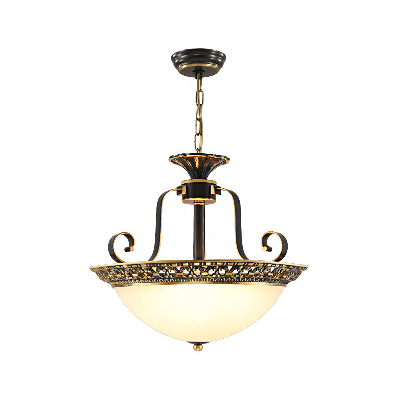 Domed Opal Glass Ceiling Chandelier Traditional 3 Lights Dining Room Suspension Lamp in Brass Clearhalo 'Ceiling Lights' 'Chandeliers' 'Glass shade' 'Glass' 'Pendant Lights' Lighting' 782073