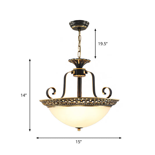 Domed Opal Glass Ceiling Chandelier Traditional 3 Lights Dining Room Suspension Lamp in Brass Clearhalo 'Ceiling Lights' 'Chandeliers' 'Glass shade' 'Glass' 'Pendant Lights' Lighting' 782074