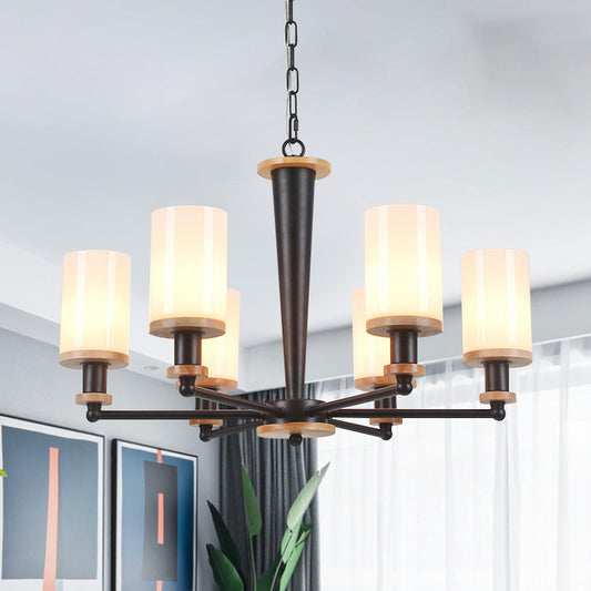 Traditional Cylindrical Pendant Chandelier 3/5/6 Heads White Glass Radial Hanging Ceiling Light in Black Clearhalo 'Ceiling Lights' 'Chandeliers' Lighting' options 782075