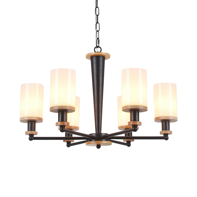 Traditional Cylindrical Pendant Chandelier 3/5/6 Heads White Glass Radial Hanging Ceiling Light in Black Clearhalo 'Ceiling Lights' 'Chandeliers' Lighting' options 782076