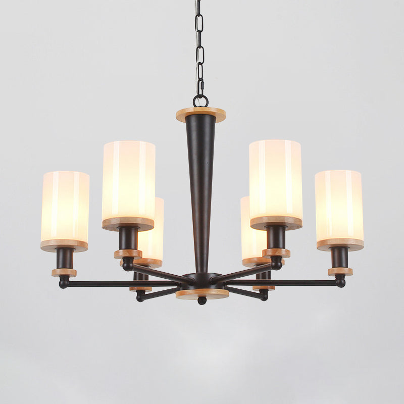 Traditional Cylindrical Pendant Chandelier 3/5/6 Heads White Glass Radial Hanging Ceiling Light in Black Clearhalo 'Ceiling Lights' 'Chandeliers' Lighting' options 782077