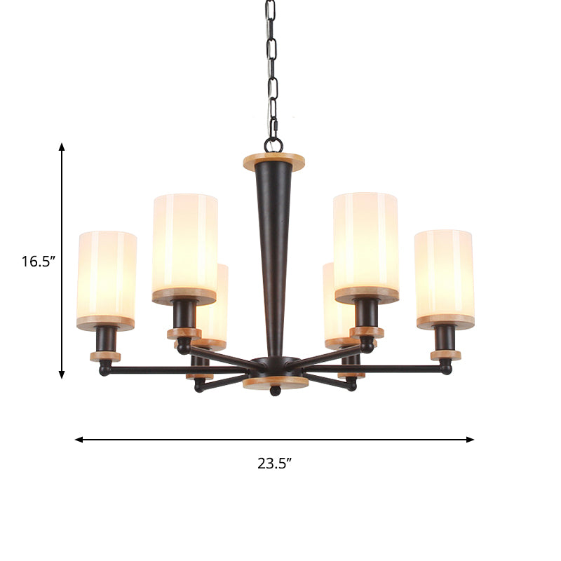 Traditional Cylindrical Pendant Chandelier 3/5/6 Heads White Glass Radial Hanging Ceiling Light in Black Clearhalo 'Ceiling Lights' 'Chandeliers' Lighting' options 782078