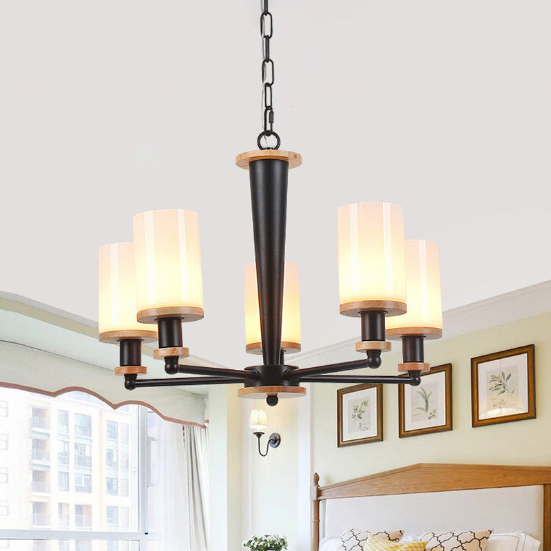 Traditional Cylindrical Pendant Chandelier 3/5/6 Heads White Glass Radial Hanging Ceiling Light in Black Clearhalo 'Ceiling Lights' 'Chandeliers' Lighting' options 782079