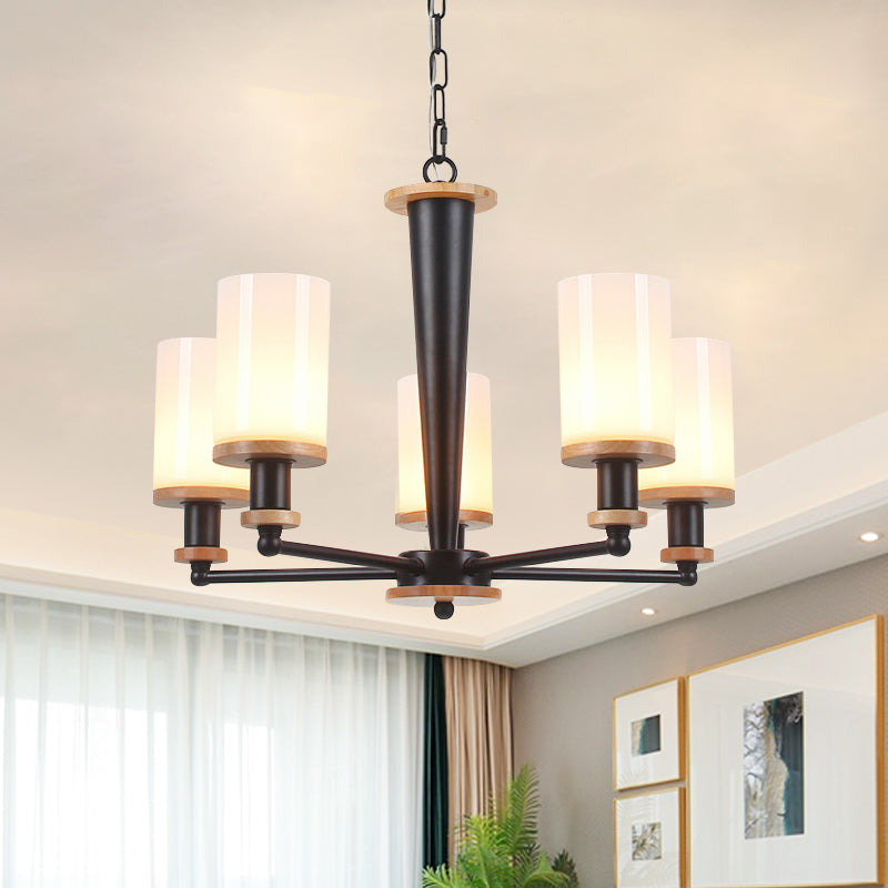 Traditional Cylindrical Pendant Chandelier 3/5/6 Heads White Glass Radial Hanging Ceiling Light in Black Clearhalo 'Ceiling Lights' 'Chandeliers' Lighting' options 782080