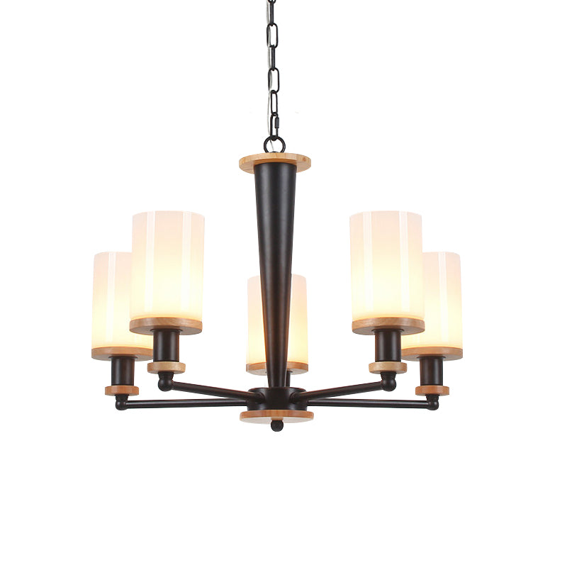 Traditional Cylindrical Pendant Chandelier 3/5/6 Heads White Glass Radial Hanging Ceiling Light in Black Clearhalo 'Ceiling Lights' 'Chandeliers' Lighting' options 782081