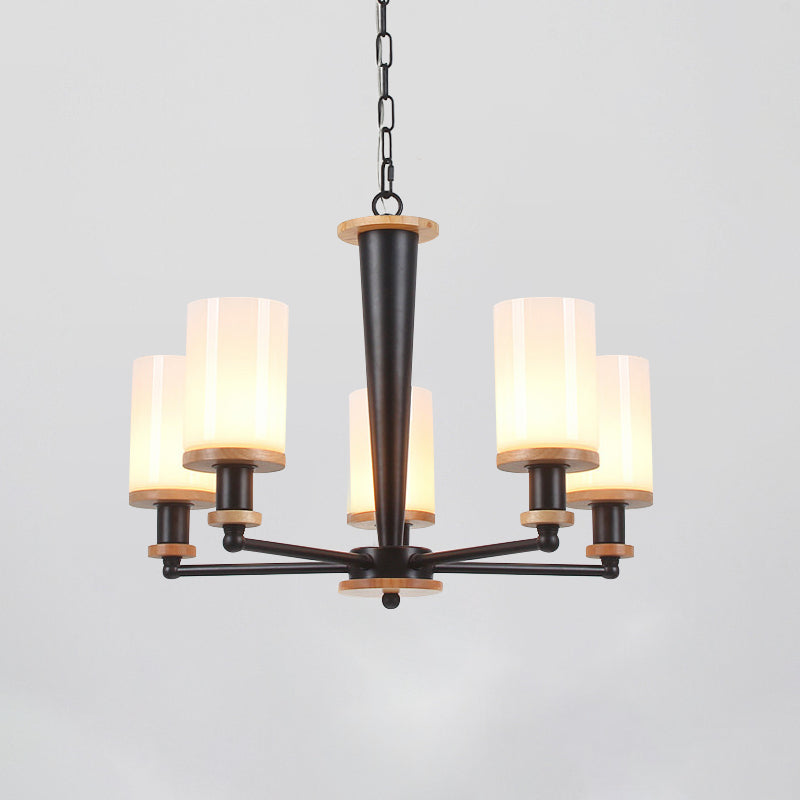 Traditional Cylindrical Pendant Chandelier 3/5/6 Heads White Glass Radial Hanging Ceiling Light in Black Clearhalo 'Ceiling Lights' 'Chandeliers' Lighting' options 782082