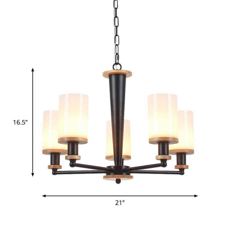 Traditional Cylindrical Pendant Chandelier 3/5/6 Heads White Glass Radial Hanging Ceiling Light in Black Clearhalo 'Ceiling Lights' 'Chandeliers' Lighting' options 782083