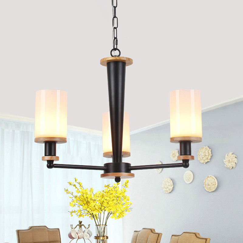 Traditional Cylindrical Pendant Chandelier 3/5/6 Heads White Glass Radial Hanging Ceiling Light in Black Clearhalo 'Ceiling Lights' 'Chandeliers' Lighting' options 782084