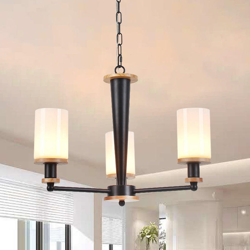 Traditional Cylindrical Pendant Chandelier 3/5/6 Heads White Glass Radial Hanging Ceiling Light in Black Clearhalo 'Ceiling Lights' 'Chandeliers' Lighting' options 782085