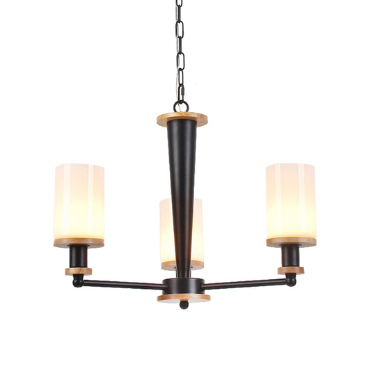 Traditional Cylindrical Pendant Chandelier 3/5/6 Heads White Glass Radial Hanging Ceiling Light in Black Clearhalo 'Ceiling Lights' 'Chandeliers' Lighting' options 782086