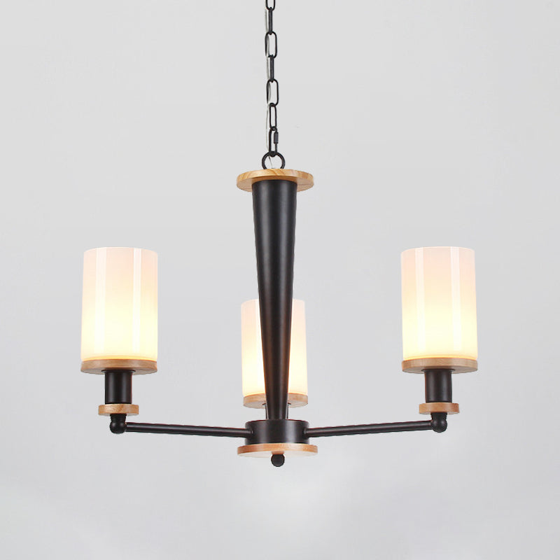 Traditional Cylindrical Pendant Chandelier 3/5/6 Heads White Glass Radial Hanging Ceiling Light in Black Clearhalo 'Ceiling Lights' 'Chandeliers' Lighting' options 782087