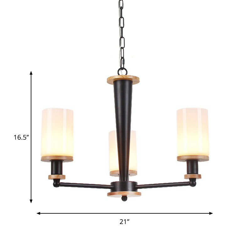 Traditional Cylindrical Pendant Chandelier 3/5/6 Heads White Glass Radial Hanging Ceiling Light in Black Clearhalo 'Ceiling Lights' 'Chandeliers' Lighting' options 782088