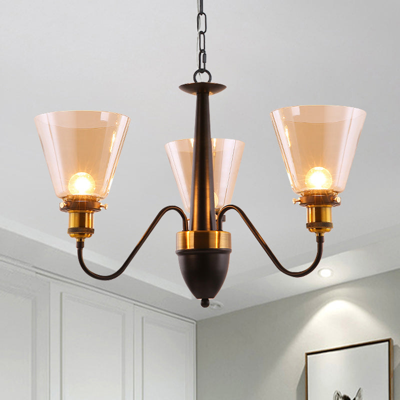 3/5 Bulbs Cone Up Chandelier Lamp Fixture Vintage Black and Gold Clear Glass Pendulum Light Clearhalo 'Ceiling Lights' 'Chandeliers' Lighting' options 782089