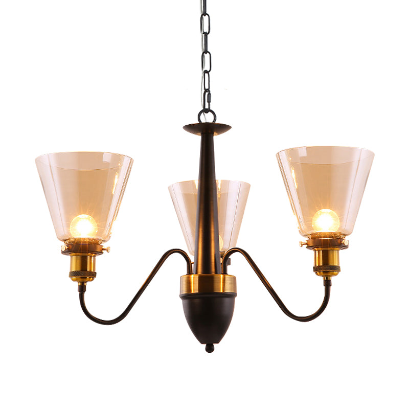 3/5 Bulbs Cone Up Chandelier Lamp Fixture Vintage Black and Gold Clear Glass Pendulum Light Clearhalo 'Ceiling Lights' 'Chandeliers' Lighting' options 782090