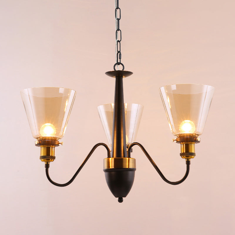 3/5 Bulbs Cone Up Chandelier Lamp Fixture Vintage Black and Gold Clear Glass Pendulum Light Clearhalo 'Ceiling Lights' 'Chandeliers' Lighting' options 782091