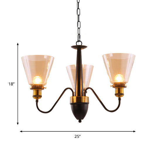 3/5 Bulbs Cone Up Chandelier Lamp Fixture Vintage Black and Gold Clear Glass Pendulum Light Clearhalo 'Ceiling Lights' 'Chandeliers' Lighting' options 782092