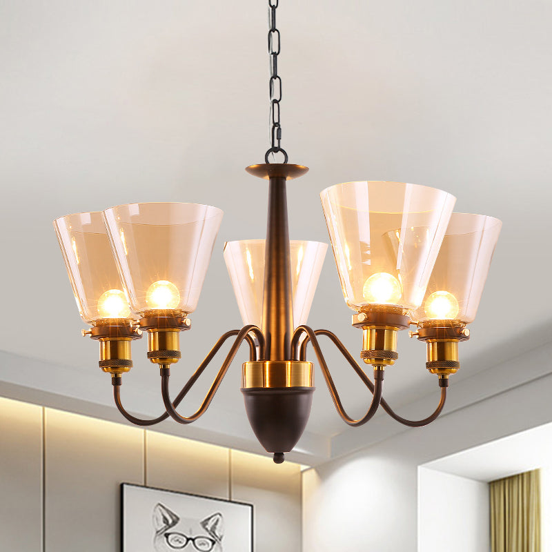 3/5 Bulbs Cone Up Chandelier Lamp Fixture Vintage Black and Gold Clear Glass Pendulum Light 5 Gold Clearhalo 'Ceiling Lights' 'Chandeliers' Lighting' options 782093_c2c83426-5ead-4aac-a60e-a9399ddf419f