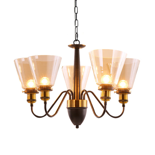 3/5 Bulbs Cone Up Chandelier Lamp Fixture Vintage Black and Gold Clear Glass Pendulum Light Clearhalo 'Ceiling Lights' 'Chandeliers' Lighting' options 782095