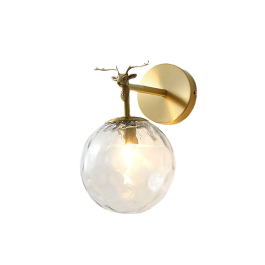 1 Bulb Sconce Light Fixture Vintage Indoor Wall Lamp with Globe Clear Water Glass Shade in Brass Clearhalo 'Wall Lamps & Sconces' 'Wall Lights' Lighting' 782158