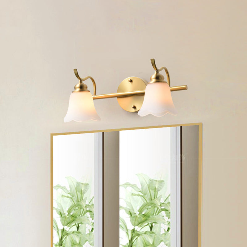 2/3 Bulbs Vanity Wall Light Traditional Bathroom Wall Sconce Lamp with Flower Cream Glass Shade in Brass Clearhalo 'Vanity Lights' 'Wall Lights' Lighting' 782191