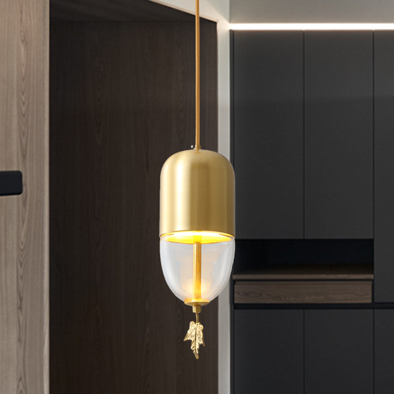 Brass Dome Hanging Lighting Vintage Clear Glass 1-Light Bedside LED Suspension Lamp with Maple Leaf Decor, 3.5"/5"/6" Wide Clearhalo 'Ceiling Lights' 'Pendant Lights' 'Pendants' Lighting' 782204