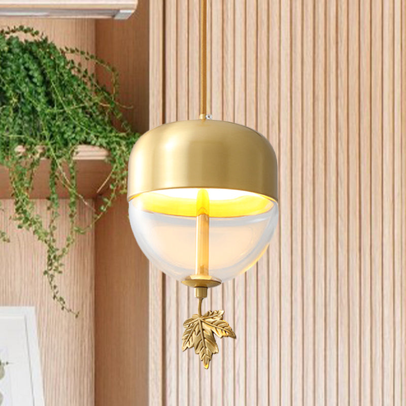 Brass Dome Hanging Lighting Vintage Clear Glass 1-Light Bedside LED Suspension Lamp with Maple Leaf Decor, 3.5"/5"/6" Wide Brass 6" Clearhalo 'Ceiling Lights' 'Pendant Lights' 'Pendants' Lighting' 782207_d63cac7f-8925-44d1-bead-c3b86f1719f7