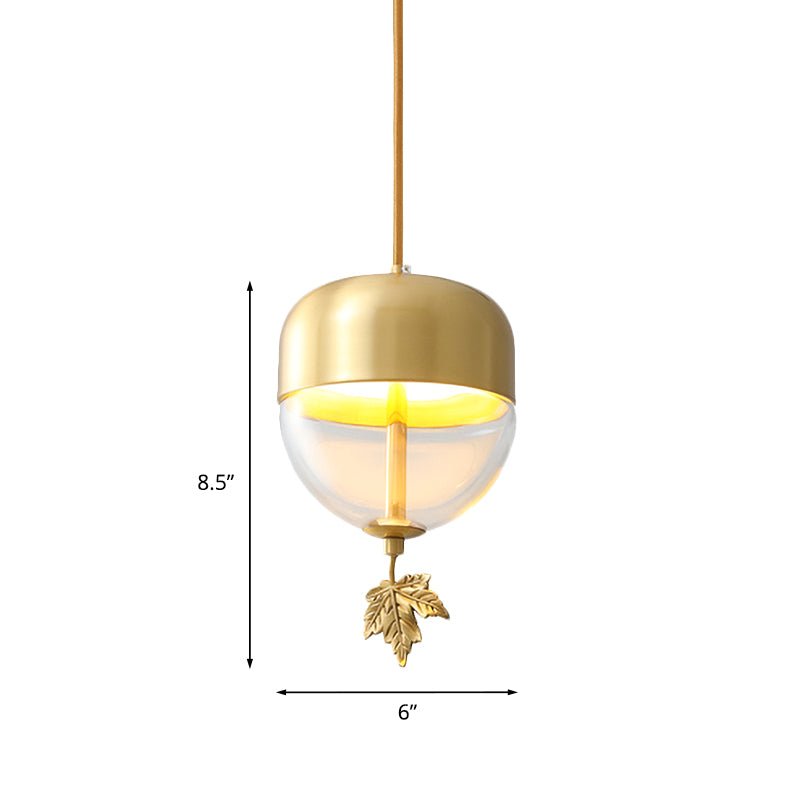 Brass Dome Hanging Lighting Vintage Clear Glass 1-Light Bedside LED Suspension Lamp with Maple Leaf Decor, 3.5"/5"/6" Wide Clearhalo 'Ceiling Lights' 'Pendant Lights' 'Pendants' Lighting' 782211