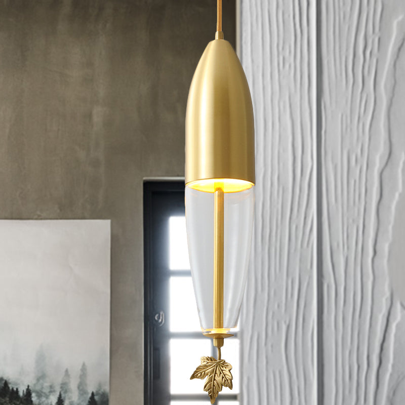Brass Dome Hanging Lighting Vintage Clear Glass 1-Light Bedside LED Suspension Lamp with Maple Leaf Decor, 3.5"/5"/6" Wide Clearhalo 'Ceiling Lights' 'Pendant Lights' 'Pendants' Lighting' 782212