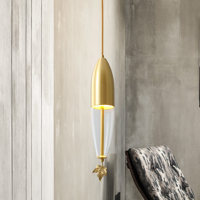 Brass Dome Hanging Lighting Vintage Clear Glass 1-Light Bedside LED Suspension Lamp with Maple Leaf Decor, 3.5"/5"/6" Wide Clearhalo 'Ceiling Lights' 'Pendant Lights' 'Pendants' Lighting' 782213