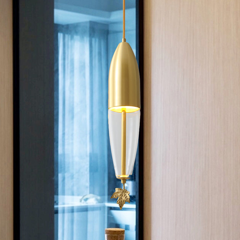 Brass Dome Hanging Lighting Vintage Clear Glass 1-Light Bedside LED Suspension Lamp with Maple Leaf Decor, 3.5"/5"/6" Wide Clearhalo 'Ceiling Lights' 'Pendant Lights' 'Pendants' Lighting' 782214
