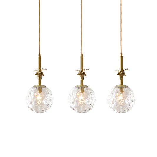 3 Lights Ball Multi Light Pendant Traditional Brass Finish Clear Dimpled Glass Ceiling Lamp with Antler Deco Clearhalo 'Ceiling Lights' 'Glass shade' 'Glass' 'Pendant Lights' 'Pendants' Lighting' 782223