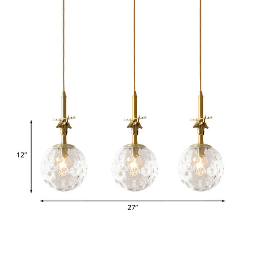 3 Lights Ball Multi Light Pendant Traditional Brass Finish Clear Dimpled Glass Ceiling Lamp with Antler Deco Clearhalo 'Ceiling Lights' 'Glass shade' 'Glass' 'Pendant Lights' 'Pendants' Lighting' 782224