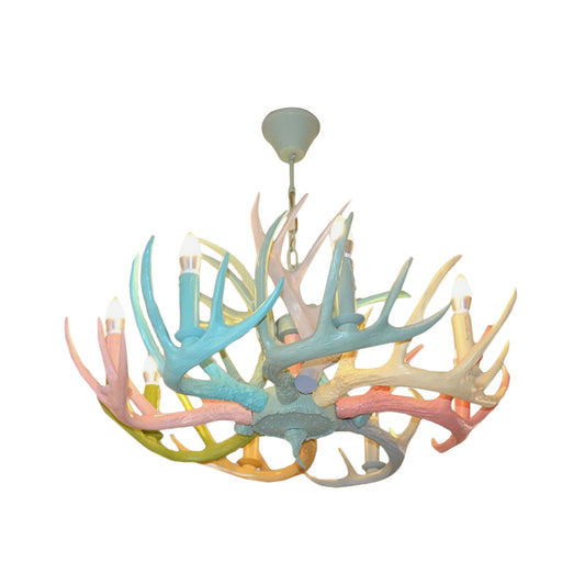 Macaron Antler Ceiling Chandelier Resin 4/6 Bulbs Child Room Suspension Light in Blue-Pink-Yellow with Open Bulb Design Clearhalo 'Ceiling Lights' 'Chandeliers' Lighting' options 782240