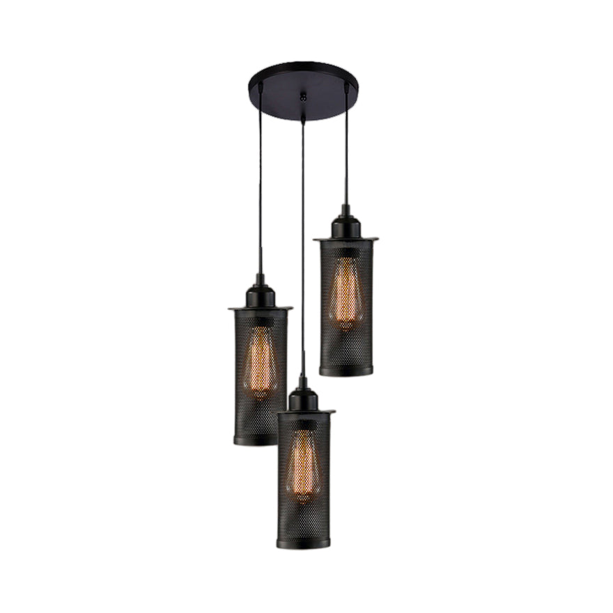3/8 Bulbs Pendant Light with Cylinder Mesh Shade Metal Vintage Stylish Kitchen Ceiling Fixture in Black, Round/Linear Canopy Clearhalo 'Art Deco Pendants' 'Black' 'Cast Iron' 'Ceiling Lights' 'Ceramic' 'Crystal' 'Industrial Pendants' 'Industrial' 'Metal' 'Middle Century Pendants' 'Pendant Lights' 'Pendants' 'Rustic Pendants' 'Tiffany' Lighting' 7827