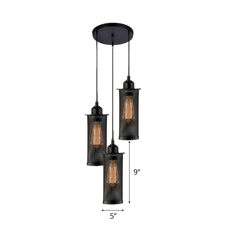 3/8 Bulbs Pendant Light with Cylinder Mesh Shade Metal Vintage Stylish Kitchen Ceiling Fixture in Black, Round/Linear Canopy Clearhalo 'Art Deco Pendants' 'Black' 'Cast Iron' 'Ceiling Lights' 'Ceramic' 'Crystal' 'Industrial Pendants' 'Industrial' 'Metal' 'Middle Century Pendants' 'Pendant Lights' 'Pendants' 'Rustic Pendants' 'Tiffany' Lighting' 7828