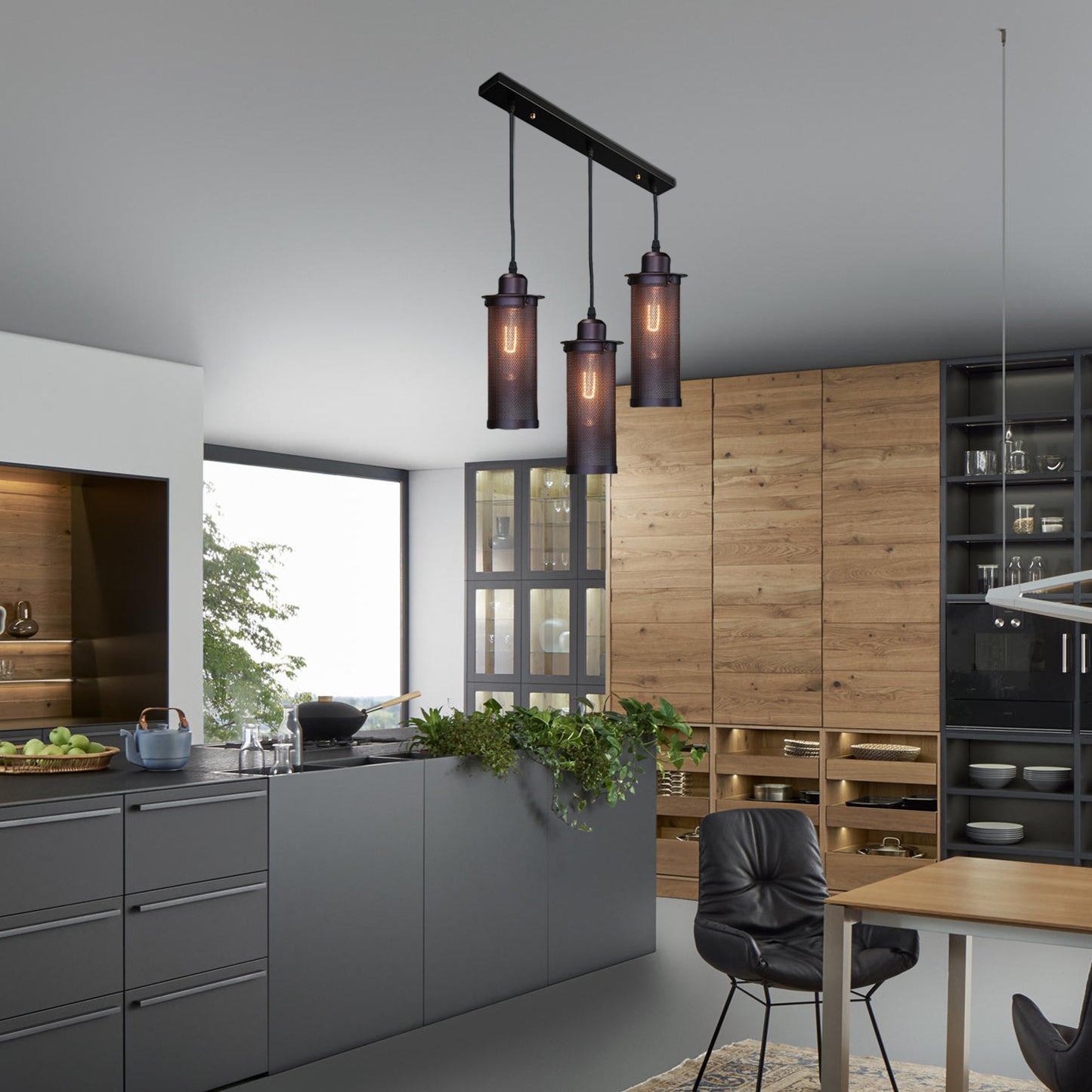 3/8 Bulbs Pendant Light with Cylinder Mesh Shade Metal Vintage Stylish Kitchen Ceiling Fixture in Black, Round/Linear Canopy 3 Black Linear Canopy Clearhalo 'Art Deco Pendants' 'Black' 'Cast Iron' 'Ceiling Lights' 'Ceramic' 'Crystal' 'Industrial Pendants' 'Industrial' 'Metal' 'Middle Century Pendants' 'Pendant Lights' 'Pendants' 'Rustic Pendants' 'Tiffany' Lighting' 7829