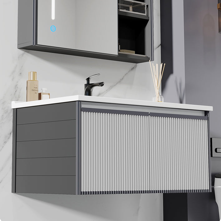 Bath Vanity Grey Metal Frame Rectangular Single Sink Wall Mount Mirror 2 Doors Vanity Clearhalo 'Bathroom Remodel & Bathroom Fixtures' 'Bathroom Vanities' 'bathroom_vanities' 'Home Improvement' 'home_improvement' 'home_improvement_bathroom_vanities' 7831812