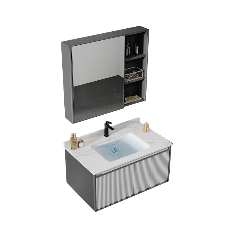 Bath Vanity Grey Metal Frame Rectangular Single Sink Wall Mount Mirror 2 Doors Vanity Vanity & Faucet & Mirror Cabinet Stone Clearhalo 'Bathroom Remodel & Bathroom Fixtures' 'Bathroom Vanities' 'bathroom_vanities' 'Home Improvement' 'home_improvement' 'home_improvement_bathroom_vanities' 7831822