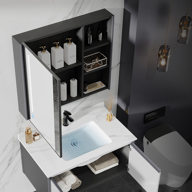 Bath Vanity Grey Metal Frame Rectangular Single Sink Wall Mount Mirror 2 Doors Vanity Clearhalo 'Bathroom Remodel & Bathroom Fixtures' 'Bathroom Vanities' 'bathroom_vanities' 'Home Improvement' 'home_improvement' 'home_improvement_bathroom_vanities' 7831823