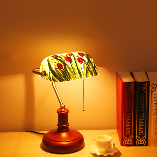 1 Bulb Green Glass Table Lighting Korean Garden Red Brown Flower Bush Pattern Bedroom Nightstand Lamp with Pull Chain Green Clearhalo 'Lamps' 'Table Lamps' Lighting' 783967