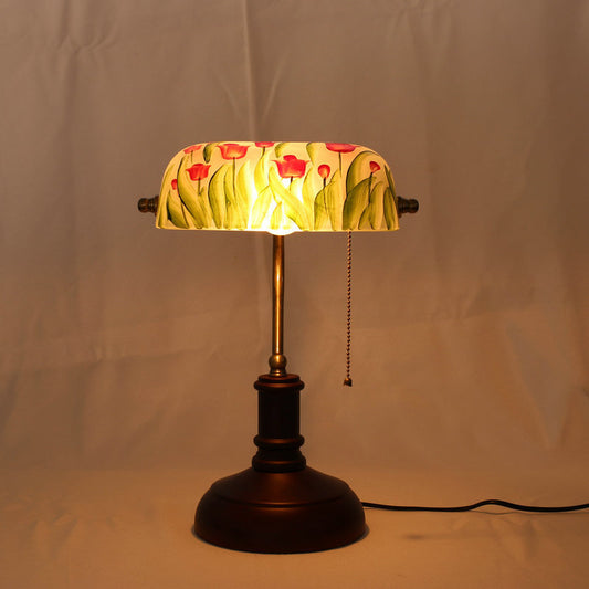 1 Bulb Green Glass Table Lighting Korean Garden Red Brown Flower Bush Pattern Bedroom Nightstand Lamp with Pull Chain Clearhalo 'Lamps' 'Table Lamps' Lighting' 783968