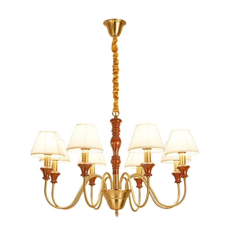 Fabric Conical Hanging Ceiling Light Rural Style 6/8 Heads Living Room Chandelier in White with Curved Arm Clearhalo 'Ceiling Lights' 'Chandeliers' Lighting' options 784192