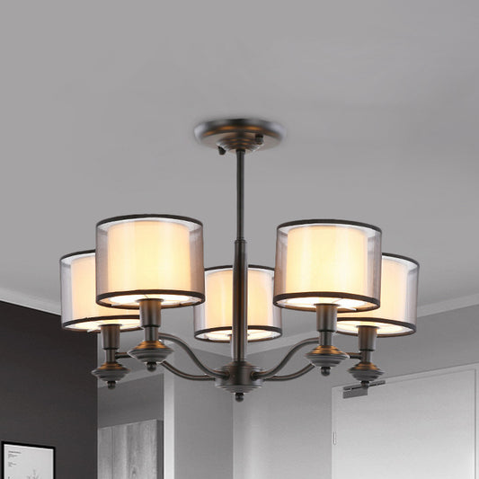 5/6 Bulbs Pendant Chandelier Traditional Double Drum Fabric Hanging Ceiling Light in Black for Bedroom Clearhalo 'Ceiling Lights' 'Chandeliers' Lighting' options 784214