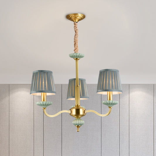 3/6-Head Fabric Chandelier Lighting Traditional Brass Pleated Shade Bedroom Drop Pendant with Curvy Arm 3 Brass