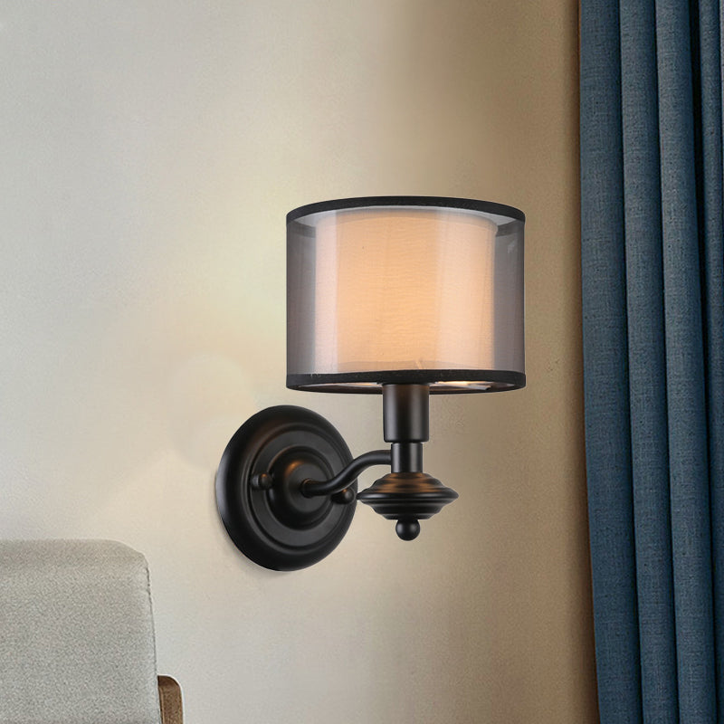 1 Bulb Fabric Wall Lighting Ideas Retro Black Double Drum Shade Corridor Sconce Light Fixture Black Clearhalo 'Wall Lamps & Sconces' 'Wall Lights' Lighting' 784383