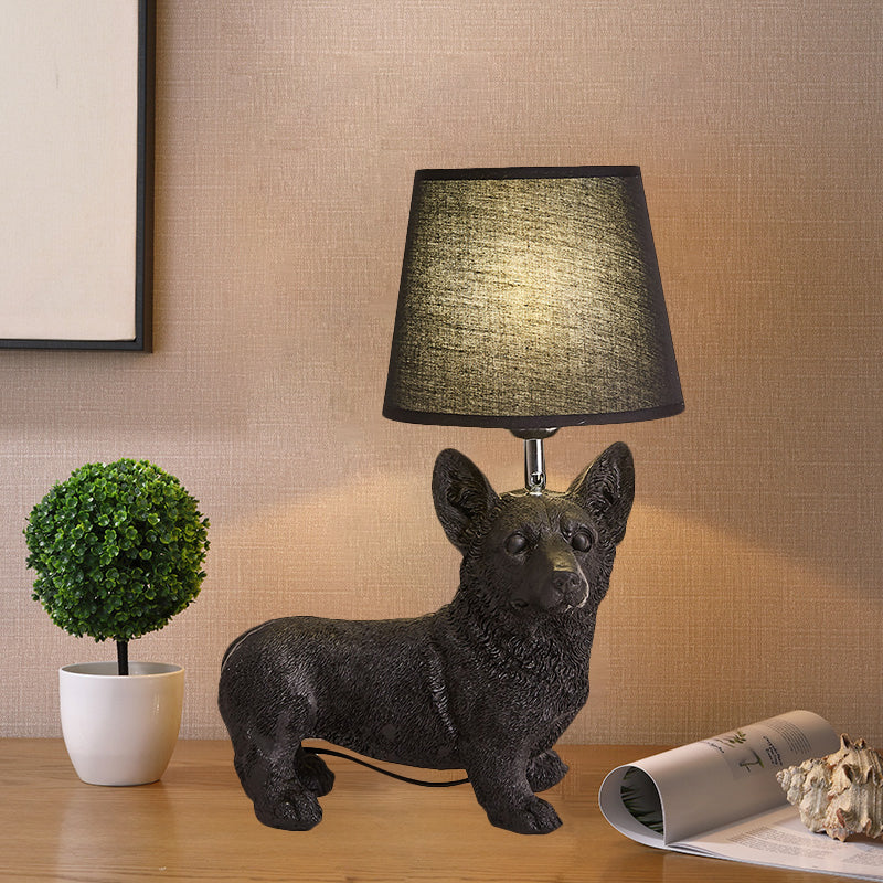 1 Bulb Fabric Night Table Light Traditional Black Drum Bedroom Nightstand Lamp with Resin Dog Base Black A Clearhalo 'Lamps' 'Table Lamps' Lighting' 784415